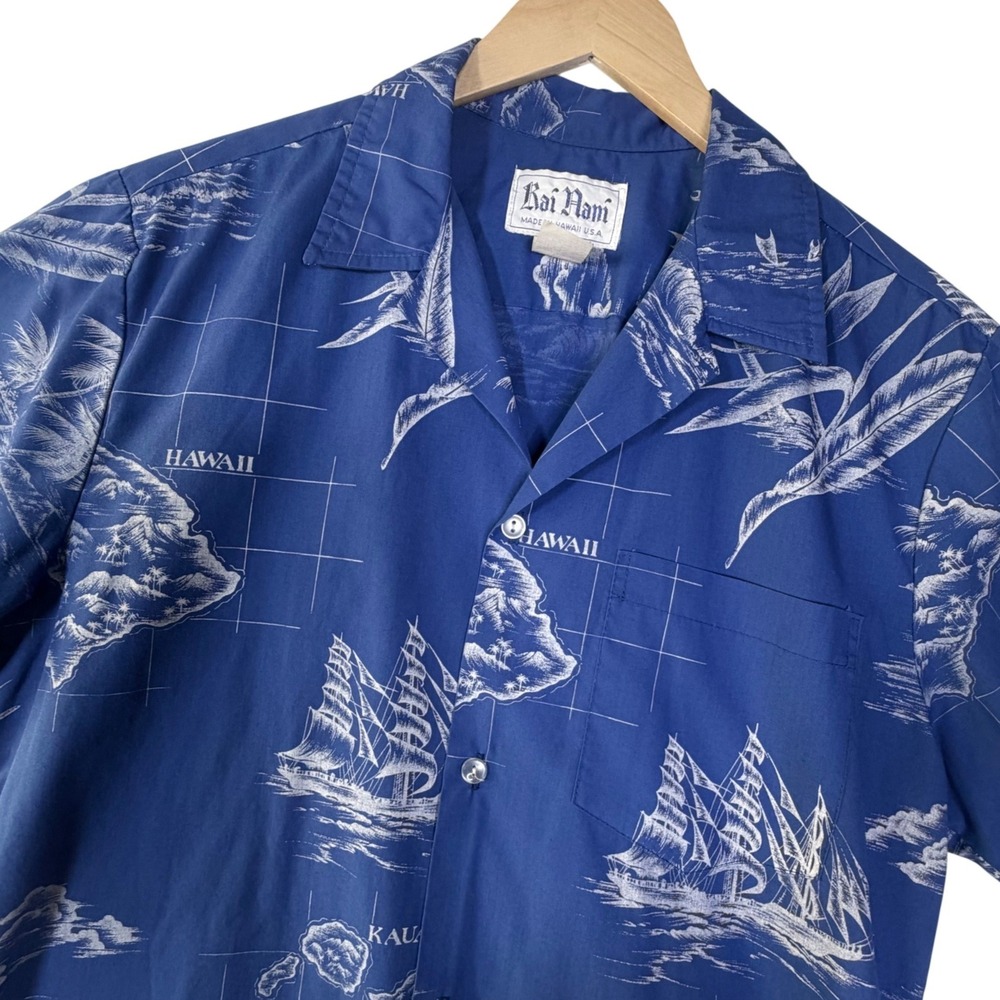 Kai Nani Mens Size Medium Blue White Map‎ Nautical Hawaiian Aloha Shirt